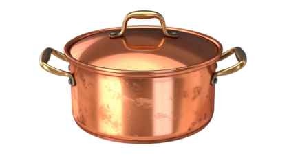 Round cooking vessel with a clear lid and metallic handles sits isolated against a dark background