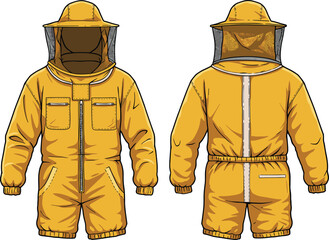 Fototapeta premium Beekeeping suit, yellow protective gear, front and back view, mesh veil, elastic cuffs, zipper closure, apiary clothing, insect protection
