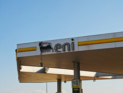 Venice,Italy-Sep.28th 2025: eni brand logo on gas station