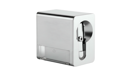 Polished metallic drawing tool sharpener sits isolated against a dark backdrop