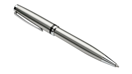 Sleek metallic writing instrument rests against a stark black background