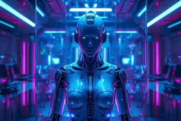 Advanced Humanoid Robot Stands in a Futuristic Lab With Neon Lighting and Digital Screens