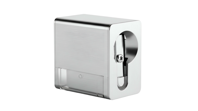 Polished metallic drawing tool sharpener sits isolated against a dark backdrop