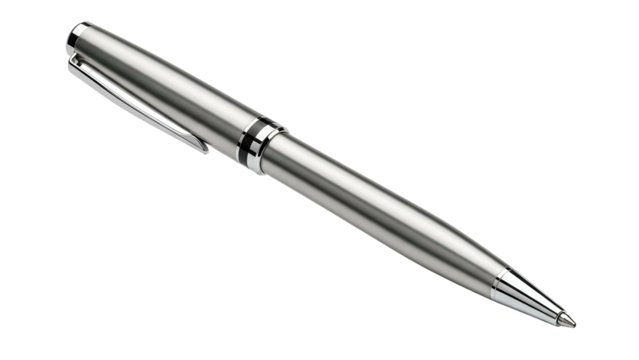 Sleek metallic writing instrument rests against a stark black background