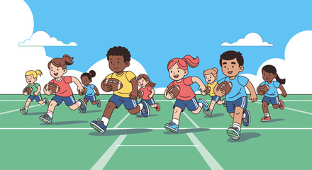 Children Playing Touch Football on a Green Field.