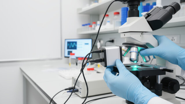 Microscope research in laboratory with gloved hands adjusting lens for longevity study and scientific analysis in modern medical environment - Powered by Adobe