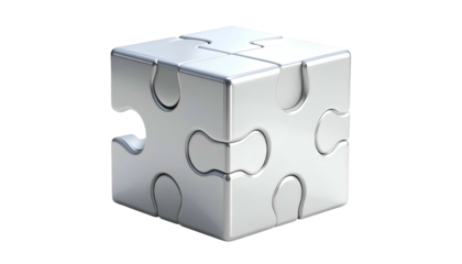 Three dimensional interlocking puzzle cube rendered with a reflective metallic surface against a dark background