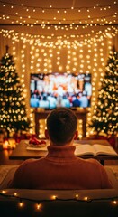 Obraz premium Cozy evening at home watching holiday movies surrounded by festive decorations and twinkling lights