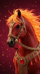 Vibrant red horse with golden mane and ornate harness in a striking fantasy setting