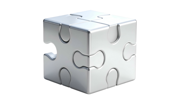 Three dimensional interlocking puzzle cube rendered with a reflective metallic surface against a dark background