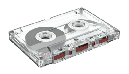 Transparent audio cassette shell reveals magnetic tape and internal mechanisms against a solid dark background