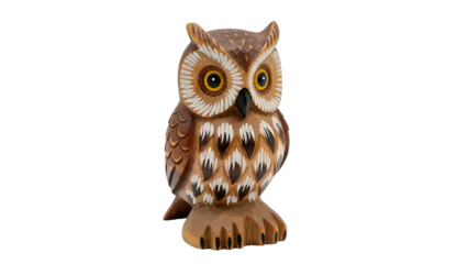 Handcrafted wooden figurine depicts a detailed owl with painted plumage details