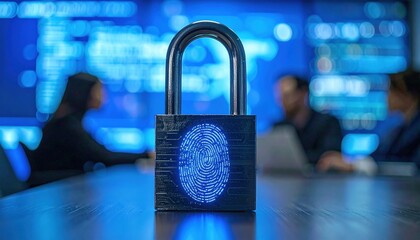 Close up of padlock with digital fingerprint glowing symbolizing cybersecurity, privacy, data protection, and secure technology in futuristic environment