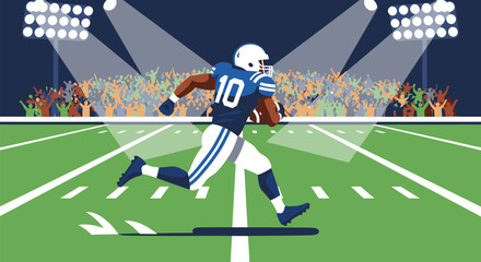 American Football Player Running with Ball on Field. © SuryaAji