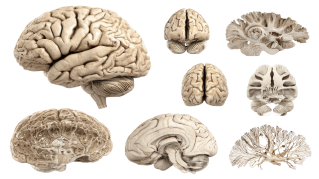 Title: Collection of Human Brain Illustrations in Multiple Sections and Views Isolated on White Background