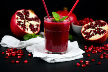 Fresh Pomegranate Juice: Healthy Antioxidant Drink with Seeds, Mint Garnish, and Red Straws on White Napkin - Still Life Photography