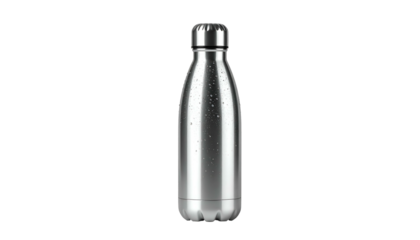 Cylindrical metal container designed for beverage transport stands against a stark black background.