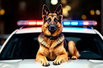 German Shepherd Police Dog Portrait: K9 Unit Hero with Car Lights, Law Enforcement, Canine Officer, Alert and Vigilant, Stock Photo