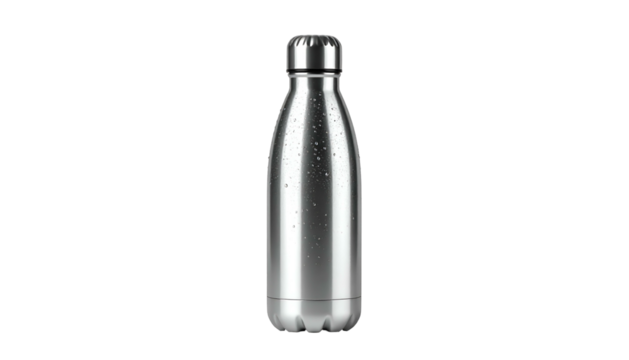 Cylindrical metal container designed for beverage transport stands against a stark black background.
