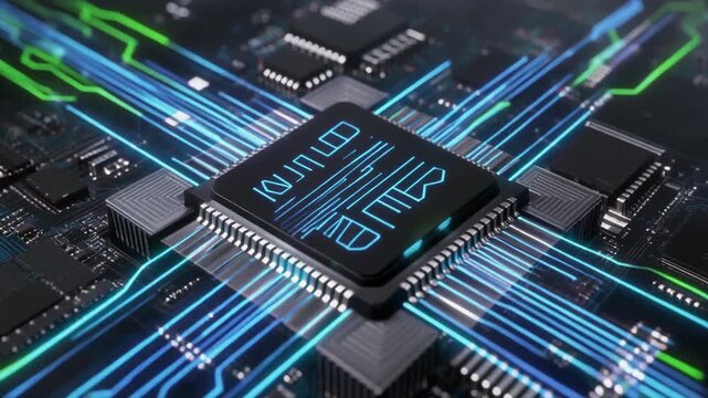 A futuristic central processing unit on a circuit board, with glowing blue and green digital data streams representing the flow of information and high-speed computing power