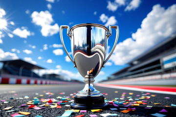 Silver Racing Trophy on Racetrack: Victory Celebration with Confetti, Blue Sky, Motorsports Achievement, Championship Win, Competition Success