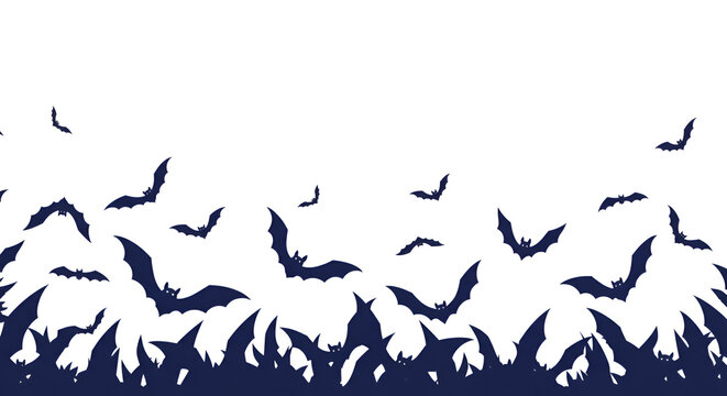 Mysterious navy blue bats swarm across a stark white background, creating a spooky and exciting Halloween atmosphere perfect for festive decorations and events.