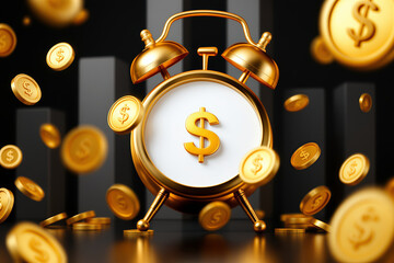 Time is Money: Golden Clock with Dollar Sign & Coins. Financial Investment, Savings, & Time Management Concept. Stock Market Growth Image.