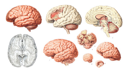 Title: Collection of Human Brain Illustrations in Multiple Sections and Views Isolated on White Background