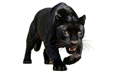 A black panther prowling forward on a stark white background view