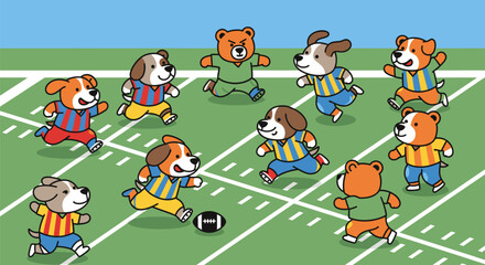Cartoon dogs and bears playing football on a green field.