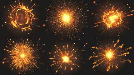Naklejka premium Nine variations of golden sparks and bursts against a dark background, showing different radiating patterns and intensities.