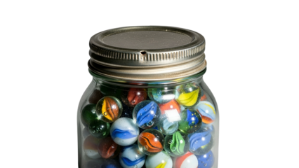 Numerous colorful glass spheres fill a clear storage container with a metal lid