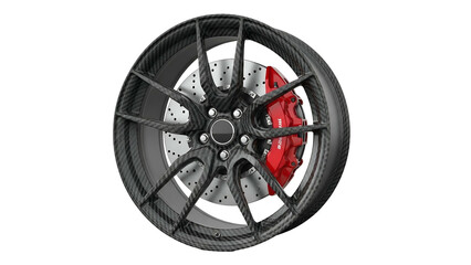 Obraz premium High performance automobile wheel assembly features a carbon fiber look and bright red brake caliper