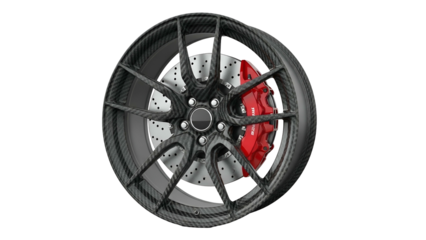 High performance automobile wheel assembly features a carbon fiber look and bright red brake caliper
