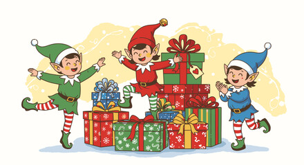 Cheerful Christmas Elves Celebrating with Gifts and Festive Joy.
