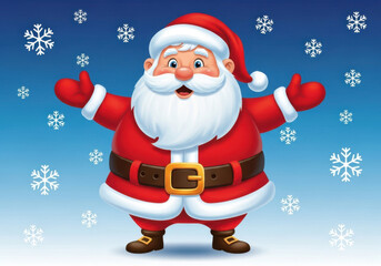 Cartoon illustration of santa claus with open arms and snowflakes against a blue background