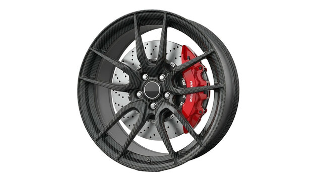 High performance automobile wheel assembly features a carbon fiber look and bright red brake caliper