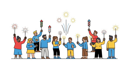 Obraz premium People holding sparklers fireworks celebrating with colorful explosions on white background