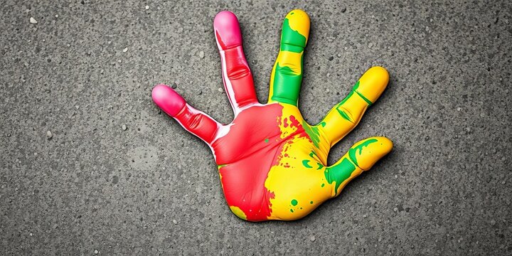 Colorful Painted Handprint Marked Brightly on Rough Gray Surface in Creative Expression