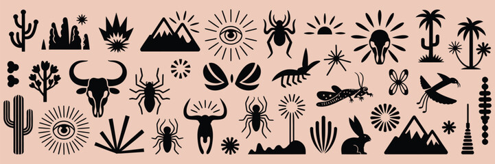 Naklejka premium Boho western vector set with cowboy and desert elements, vintage wild west style illustration
