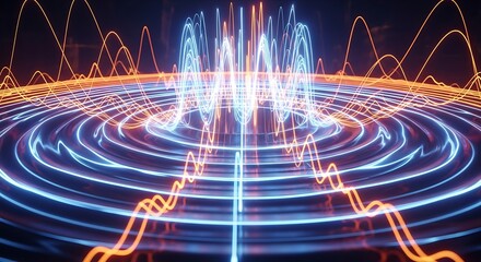 Abstract concentric circles with sine waves in blue and orange hues