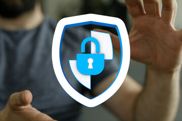 Secure concept with a shield icon and padlock representing protection and privacy in the digital world. Symbolizes data security and
