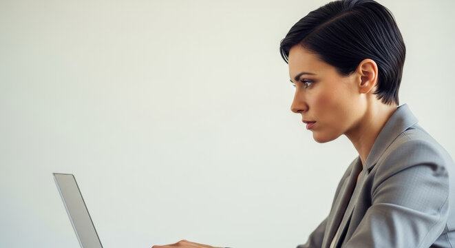 Focused Professional Woman Working on Laptop in Modern Office, Side Profile - Powered by Adobe