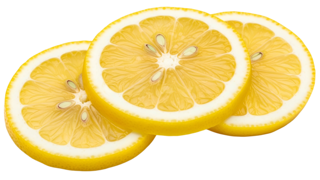 Three bright yellow citrus slices overlap against a solid dark background