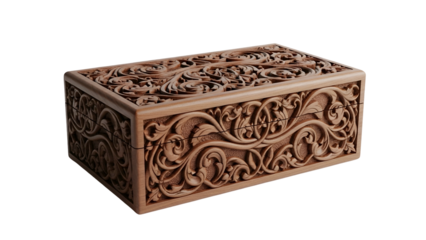 Ornate wooden container showcases intricate hand-carved floral scrollwork against a dark backdrop