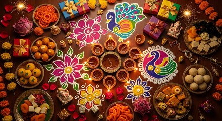 Festive arrangement with rangoli, sweets, and diyas for diwali