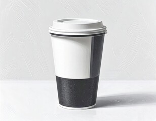 Minimalist black and white disposable coffee cup with lid on a white surface.