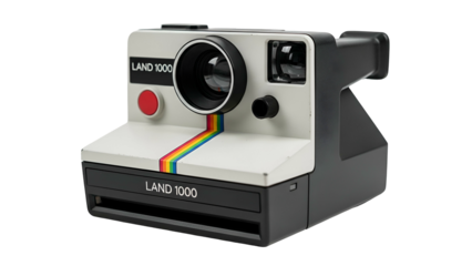 Classic instant  camera displaying a distinctive rainbow stripe against a black background
