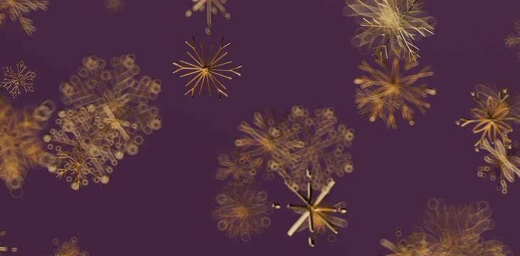 Elegant abstract design featuring gold snowflakes against a rich purple background, perfect for winter themes and artistic projects. - Powered by Adobe