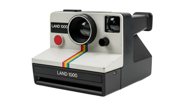 Classic instant  camera displaying a distinctive rainbow stripe against a black background